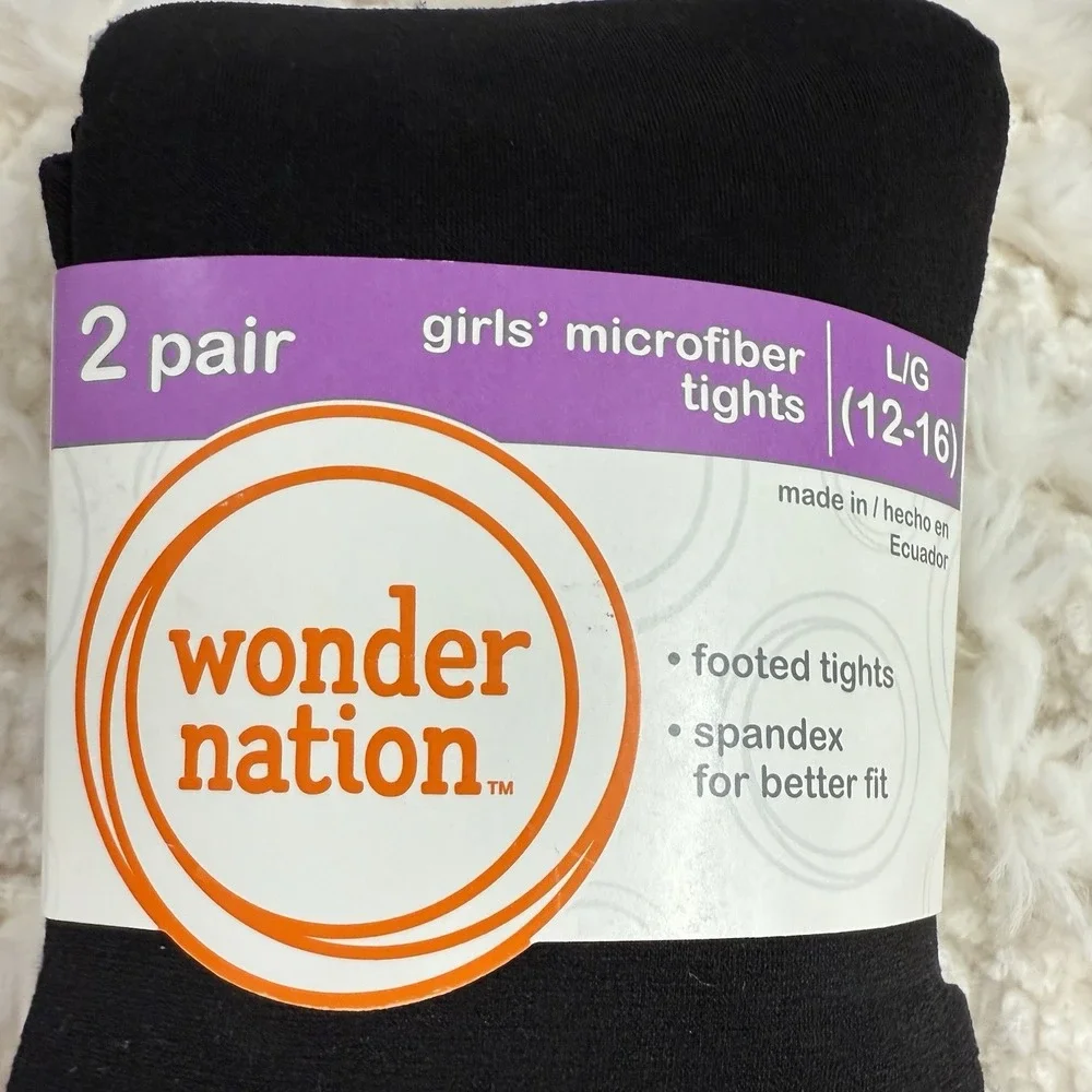 WONDER NATION Black Footed Tights Girls 12/16 Lightweight‎ Spandex Stretch 2pk